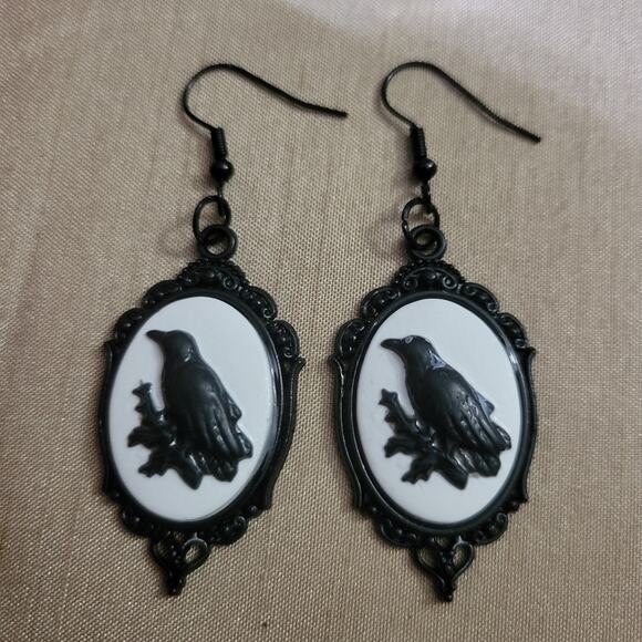 Black Raven Cameo Hook Earrings - Picture 1 of 4